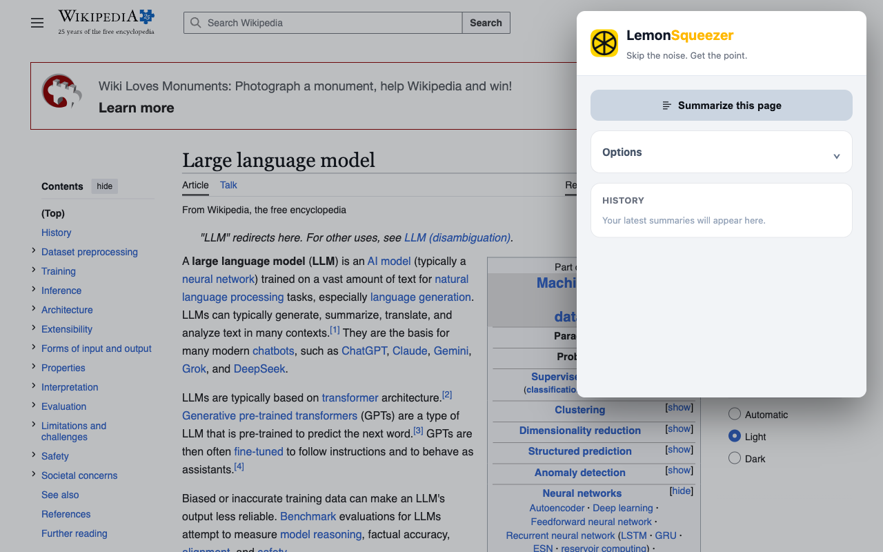 LemonSqueezer popup next to an article, with the Summarize button